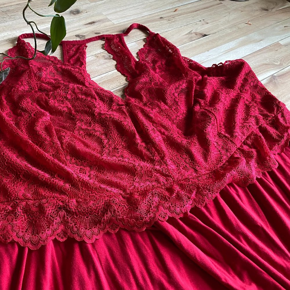 Red Lace Long Knit Nightgown
